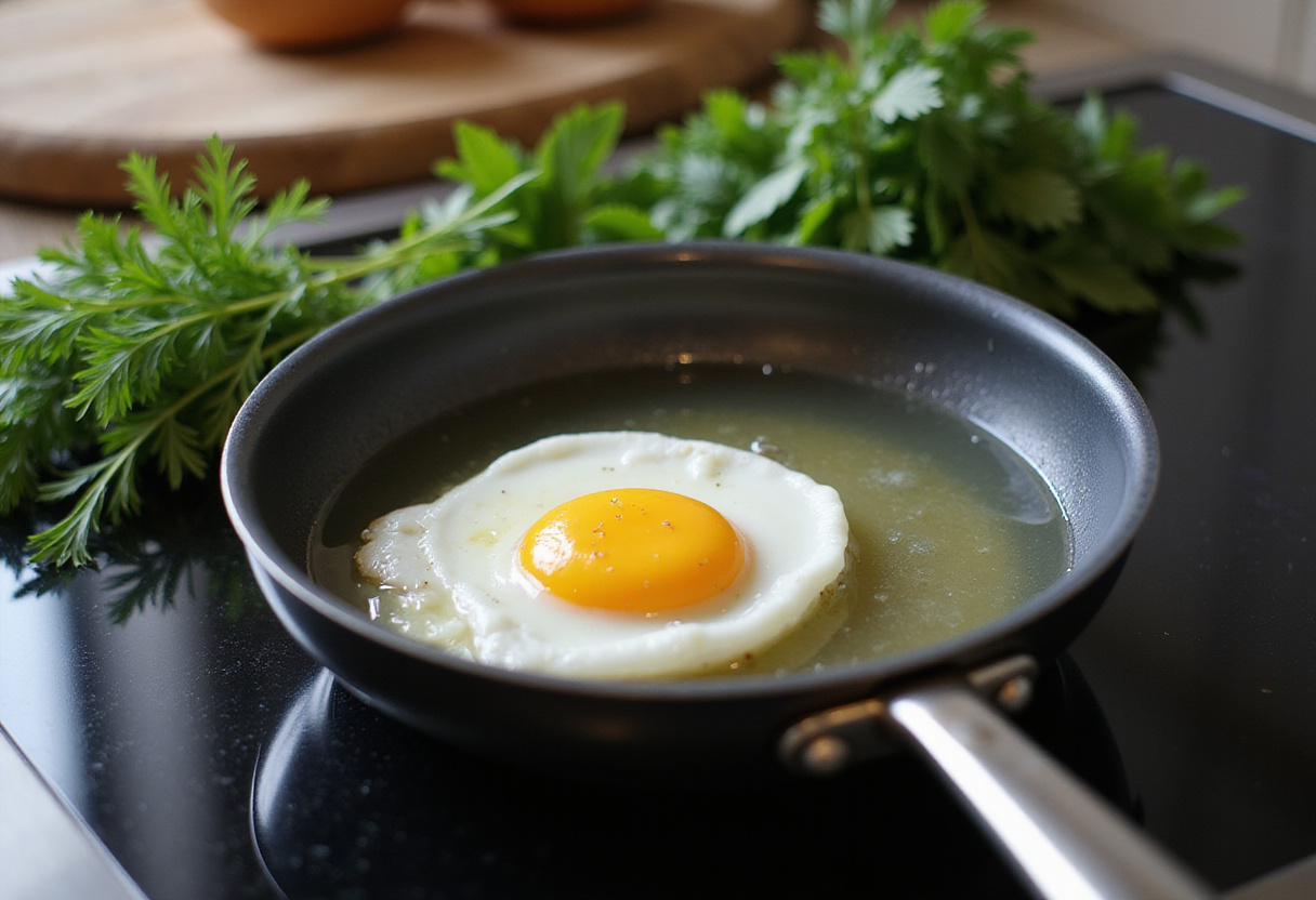 Poaching eggs for Turkish eggs with Greek yogurt, showing fresh herbs and a frying pan on the stovetop.