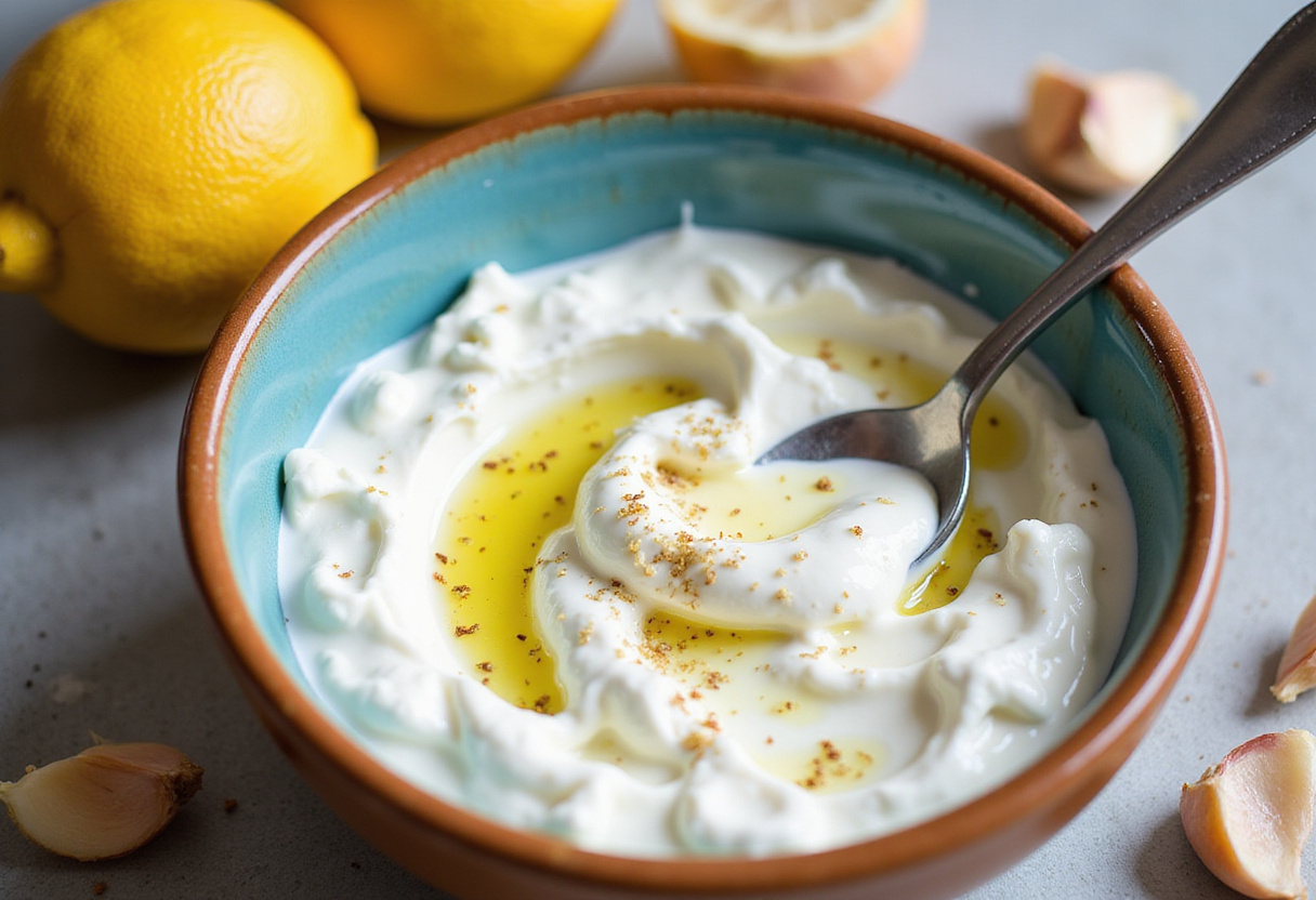 Preparing the yogurt mixture for Turkish eggs with Greek yogurt, featuring garlic, lemon, and seasonings for flavor.