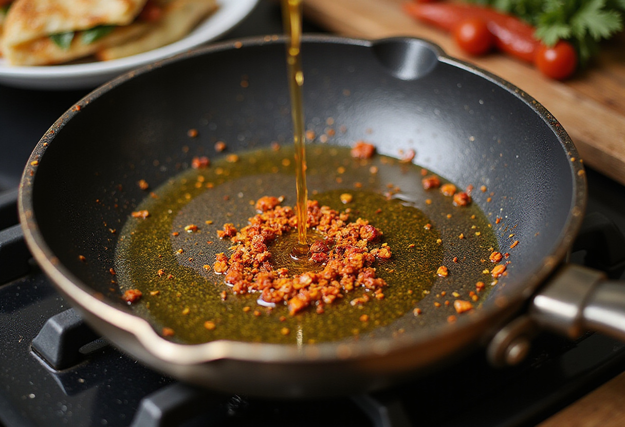 Creating spiced oil for Turkish eggs with Greek yogurt, highlighting red pepper flakes sizzling in olive oil in a frying pan.