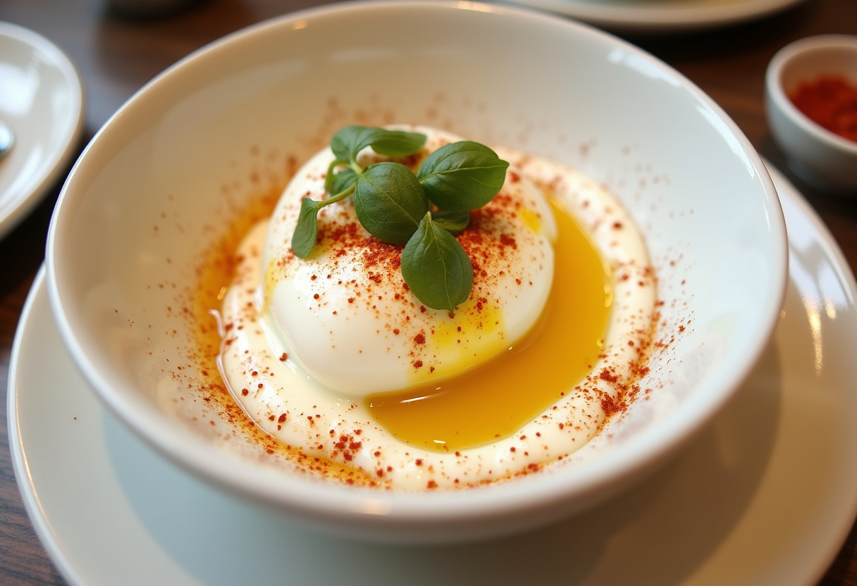 Assembling Turkish eggs with Greek yogurt, showcasing poached eggs on yogurt with spiced oil and herbs for a beautiful presentation.