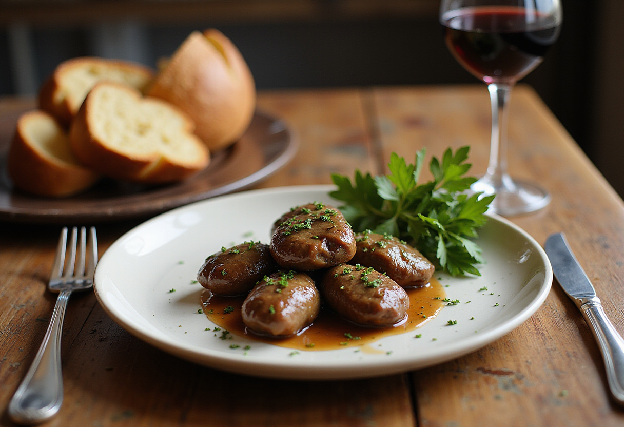 Final presentation of a viral chicken liver recipe, featuring a gourmet dish plated with fresh herbs and served alongside bread, embodying the essence of fine dining.