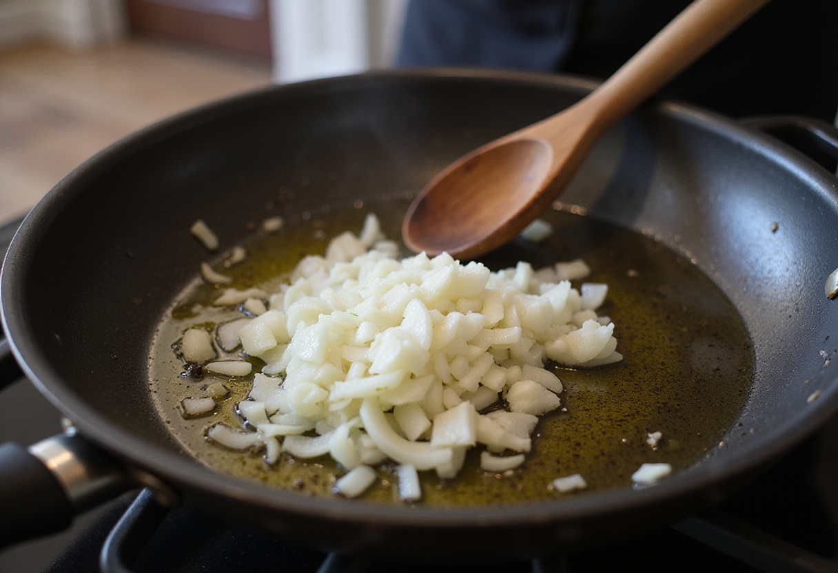 Cooking onions in a skillet for a viral chicken liver recipe, depicting the early stages of flavor development with aromatic ingredients in the kitchen.