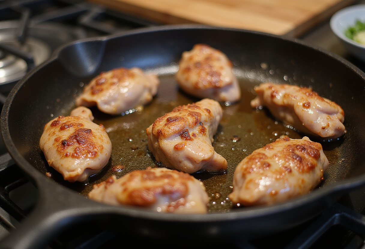 Sautรฉing chicken livers in a skillet, illustrating the cooking process for a viral chicken liver recipe with a focus on sizzling textures and rich flavors.