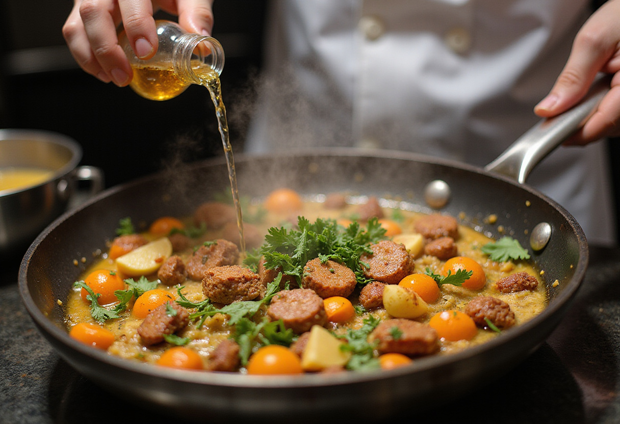 Seasoning and deglazing chicken livers in a skillet, capturing the flavors and aromas in preparation for a delicious viral chicken liver recipe.