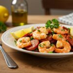 Final presentation of warm shrimp and chorizo salad on a rustic table, featuring vibrant colors, fresh ingredients, and an inviting atmosphere.