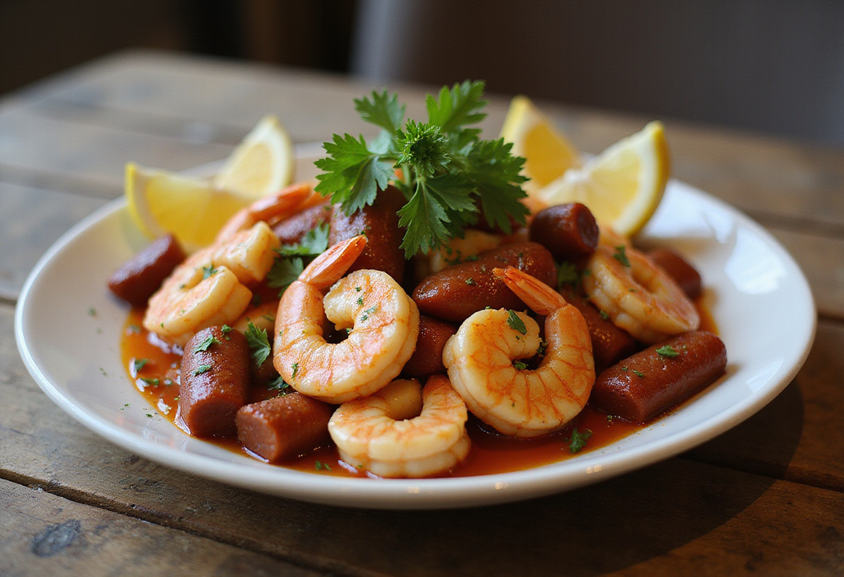 Final presentation of warm shrimp and chorizo salad on a rustic table, featuring vibrant colors, fresh ingredients, and an inviting atmosphere.