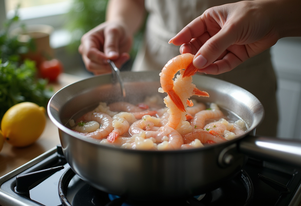 Fresh raw shrimp being cooked for a delicious warm shrimp and chorizo salad, highlighting the cooking process and vibrant kitchen ambiance.
