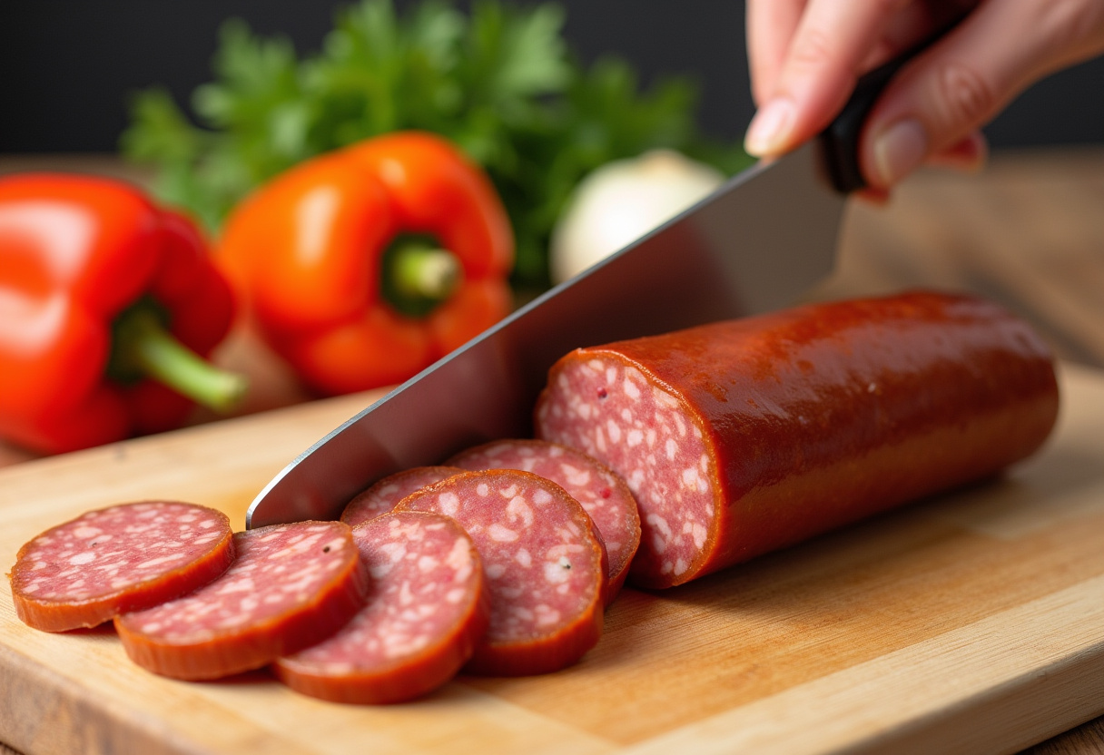 Slicing chorizo sausage for warm shrimp and chorizo salad preparation, showcasing colorful ingredients and a well-equipped kitchen.
