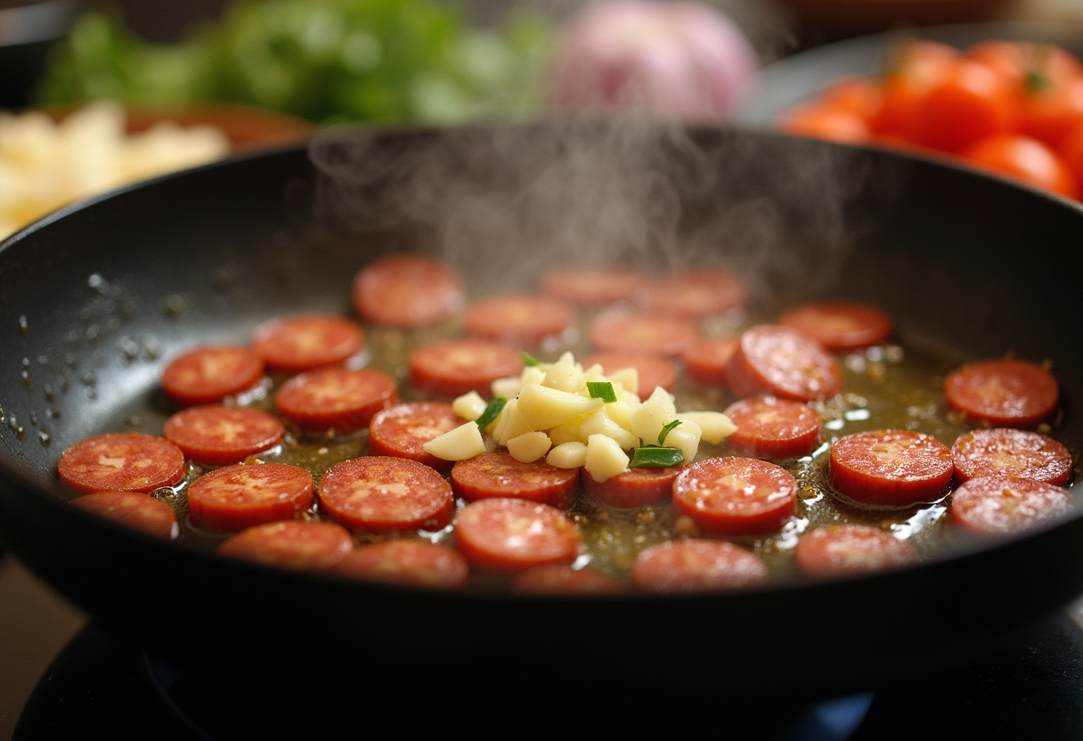 Cooking chorizo and vegetables in a skillet, essential for a warm shrimp and chorizo salad, emphasizing the richness of the ingredients.