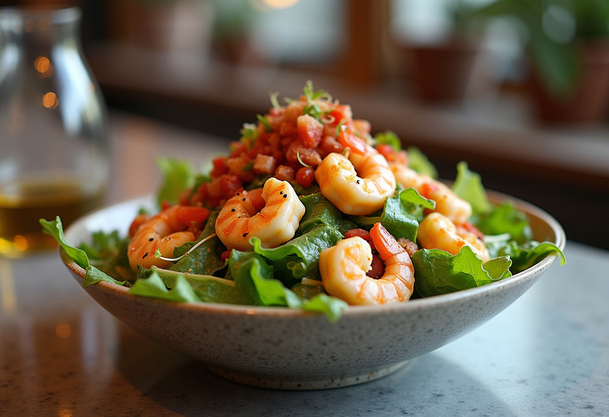 Assembling a warm shrimp and chorizo salad in a large bowl, showcasing freshness and vibrant flavors with a drizzle of vinaigrette.