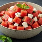 Gorgeous Watermelon Feta Mint Salad displayed in a bowl, showcasing the fresh ingredients and vibrant colors of this refreshing summer dish.