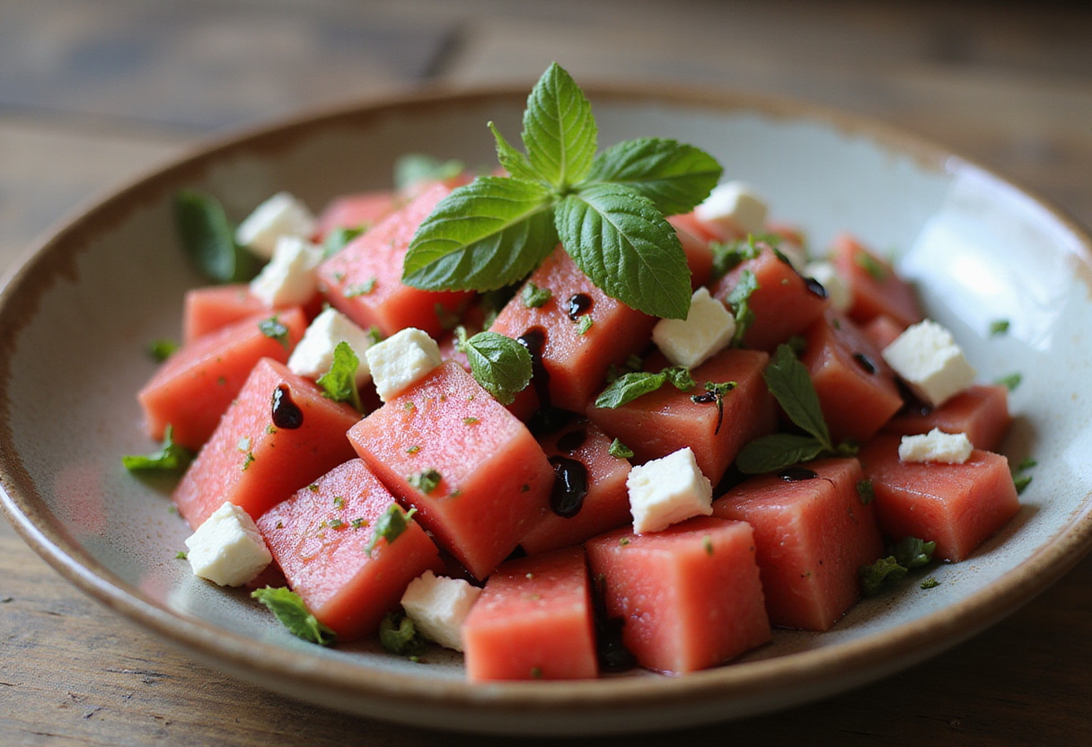 Gorgeous Watermelon Feta Mint Salad displayed in a bowl, showcasing the fresh ingredients and vibrant colors of this refreshing summer dish.