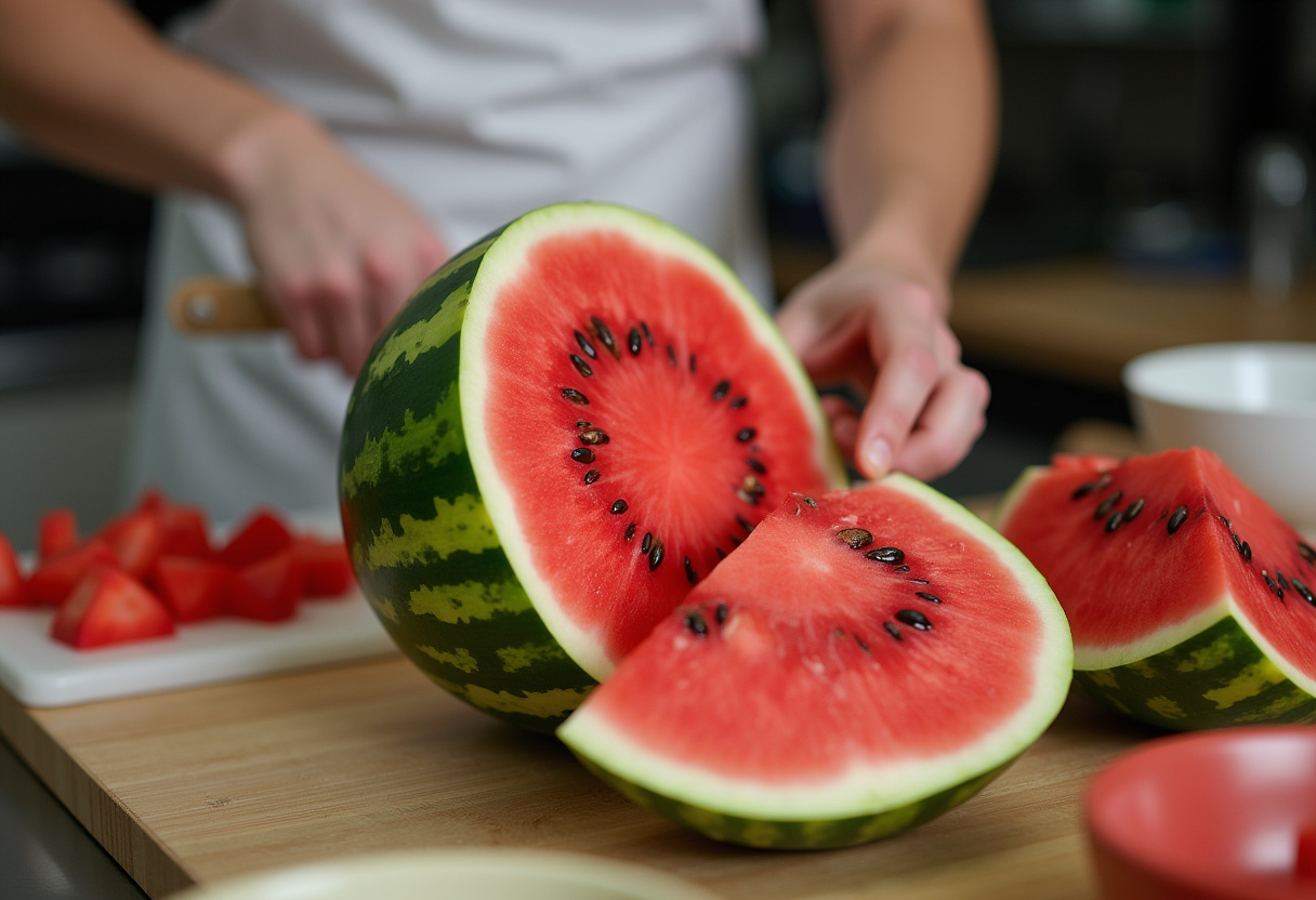 Fresh watermelon being cut for a refreshing Watermelon Feta Mint Salad, showcasing ripe fruit preparation.