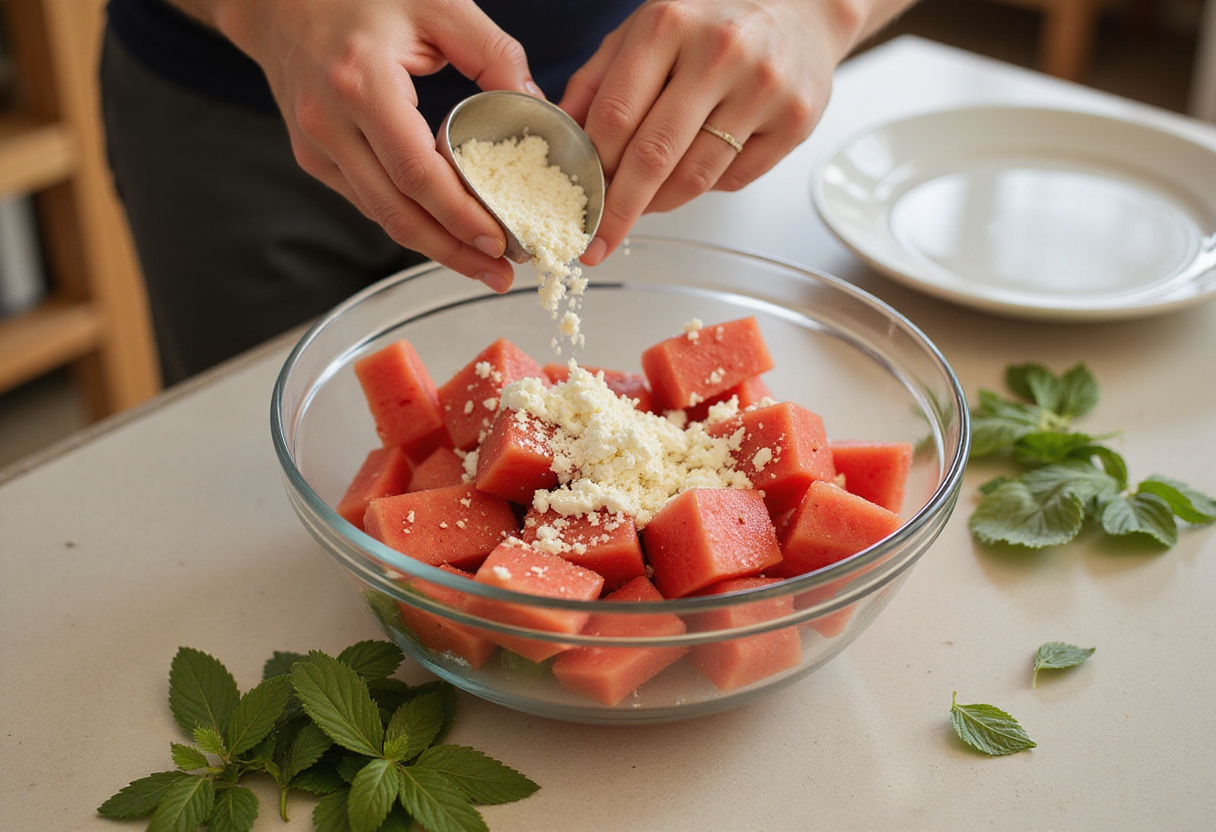 Adding crumbled feta cheese to a watermelon salad, highlighting the key ingredients of Watermelon Feta Mint Salad with mint leaves.
