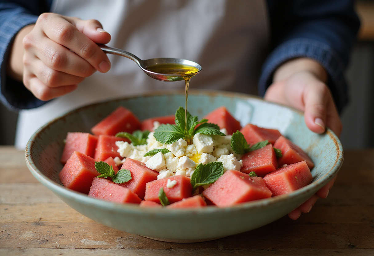 Mixing fresh watermelon, feta cheese, and mint leaves for a delicious Watermelon Feta Mint Salad, capturing the vibrant colors and textures.