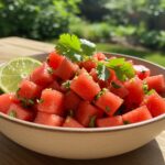 Delicious watermelon salsa served in a bowl, highlighting fresh ingredients and vibrant colors, perfect for summer gatherings and parties.