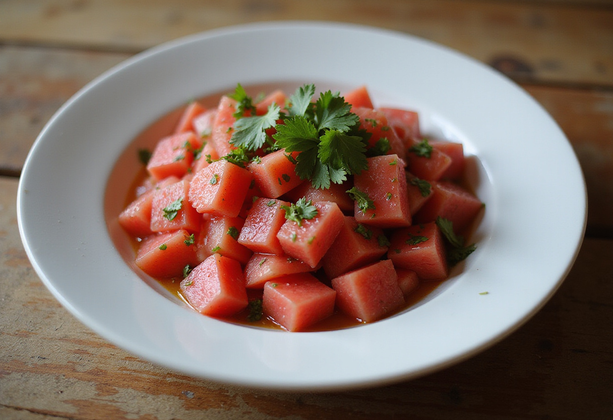 Delicious watermelon salsa served in a bowl, highlighting fresh ingredients and vibrant colors, perfect for summer gatherings and parties.