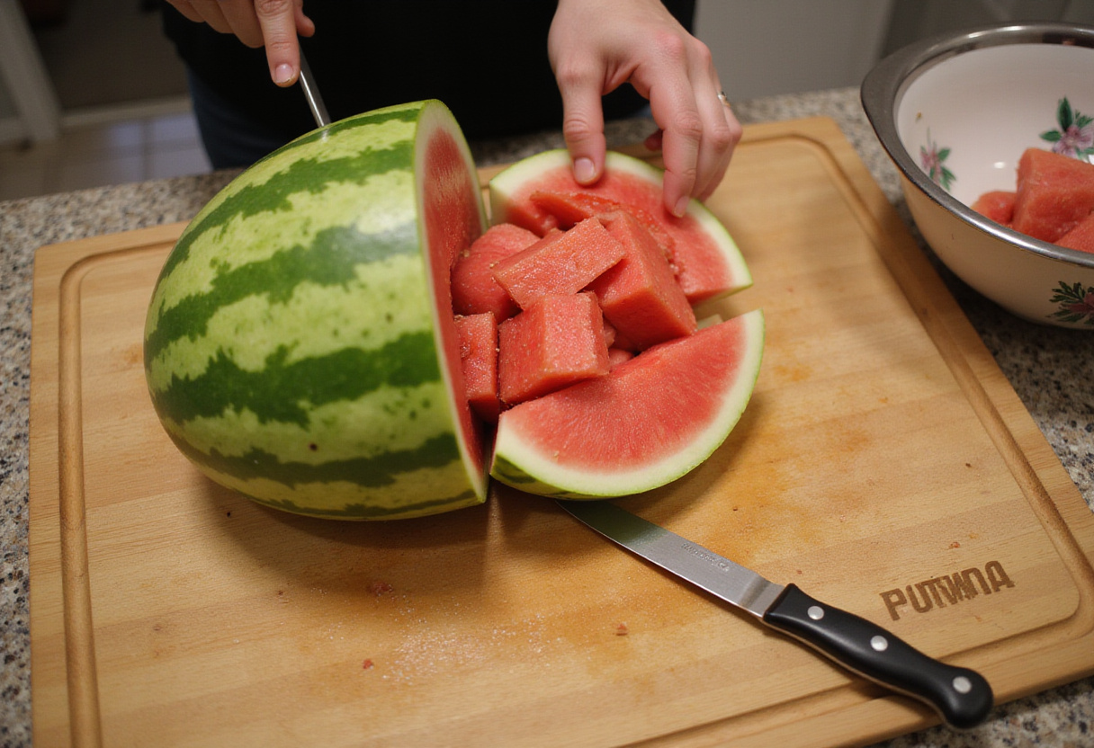 Fresh watermelon preparation for a vibrant watermelon salsa recipe, showcasing cutting techniques and kitchen tools.