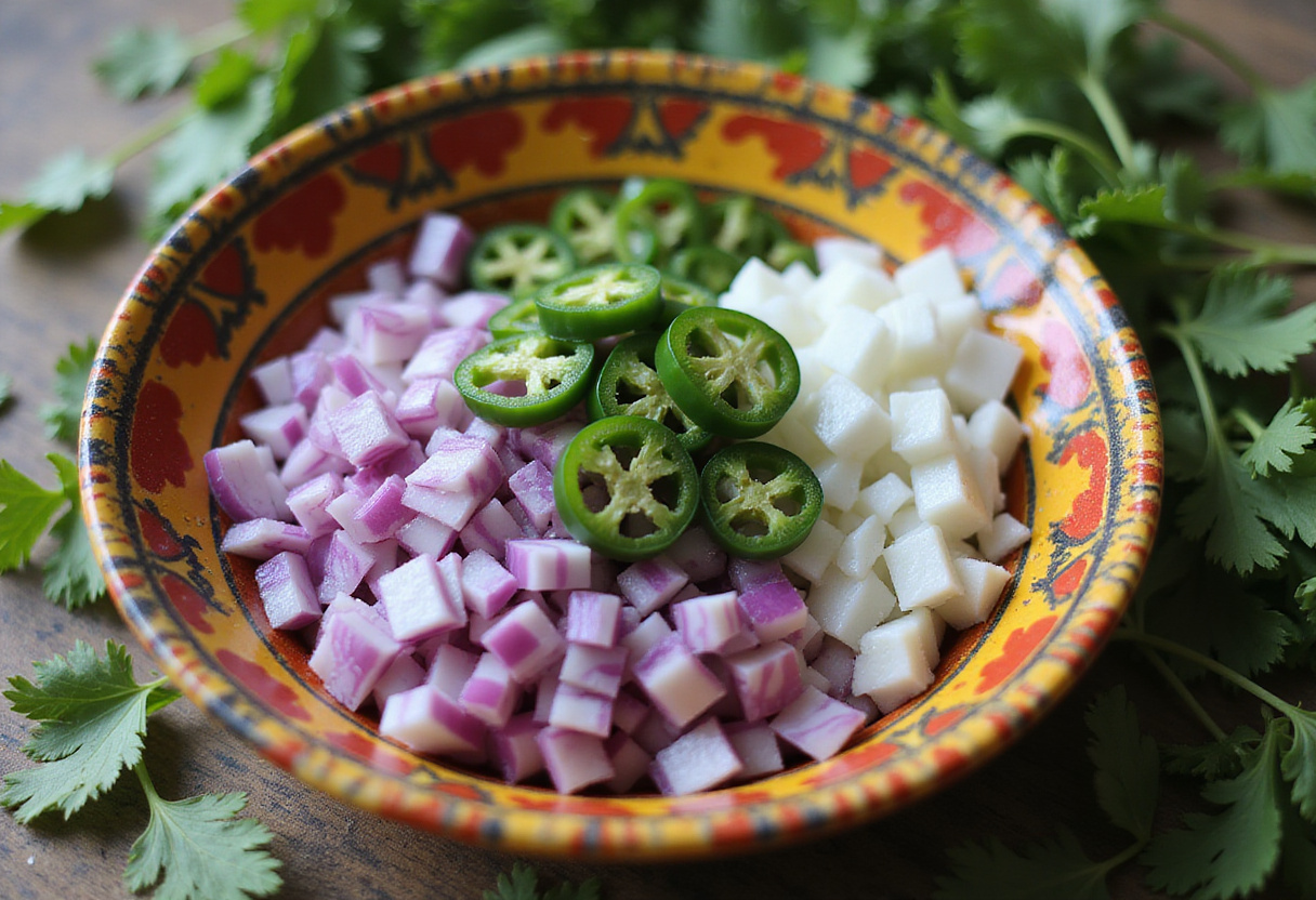 Ingredients for watermelon salsa including red onions and jalapeรฑos, emphasizing fresh produce and vibrant colors.