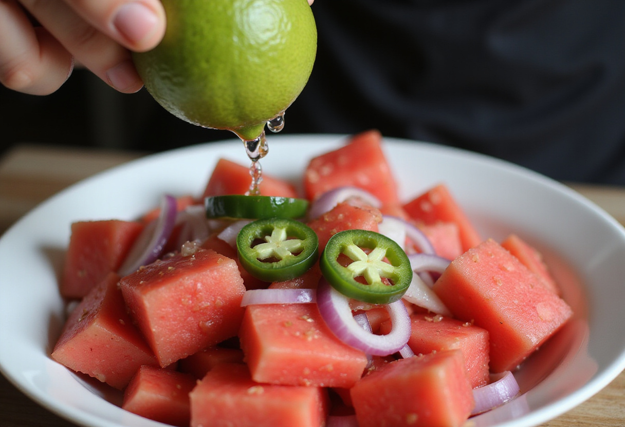 Adding citrus flavor to watermelon salsa by squeezing fresh lime juice over the vibrant mix of ingredients for a refreshing taste.
