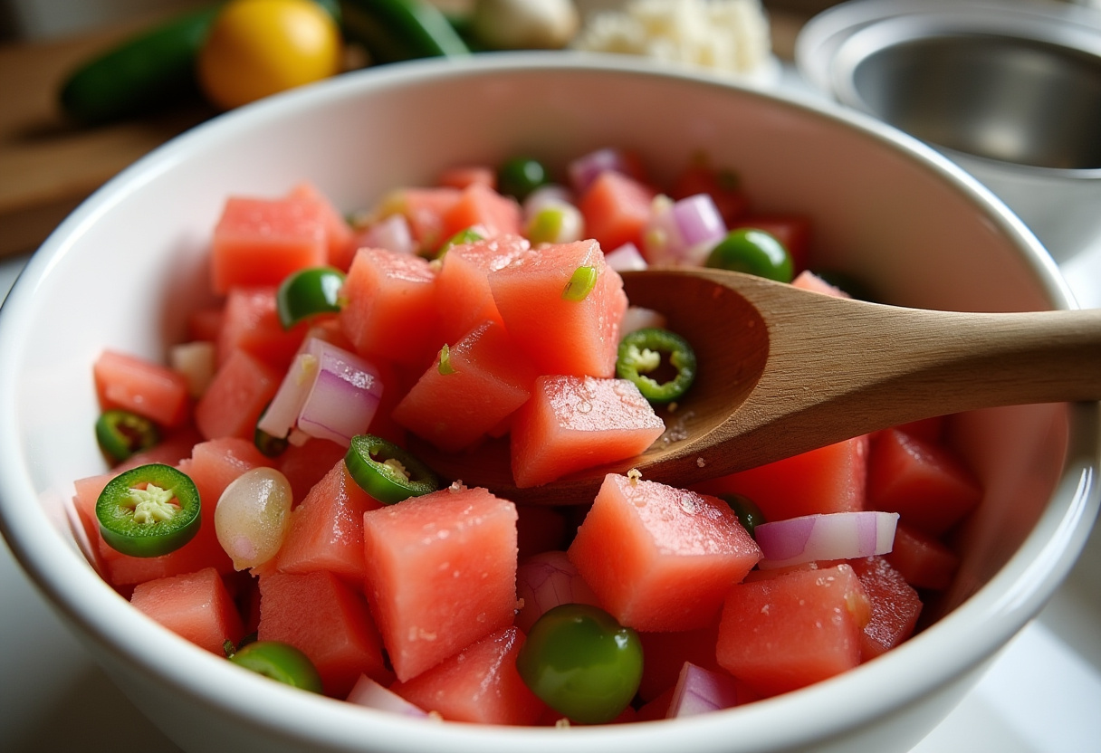 Mixing ingredients for watermelon salsa, illustrating the blending of flavors and textures in a bright and inviting kitchen setting.