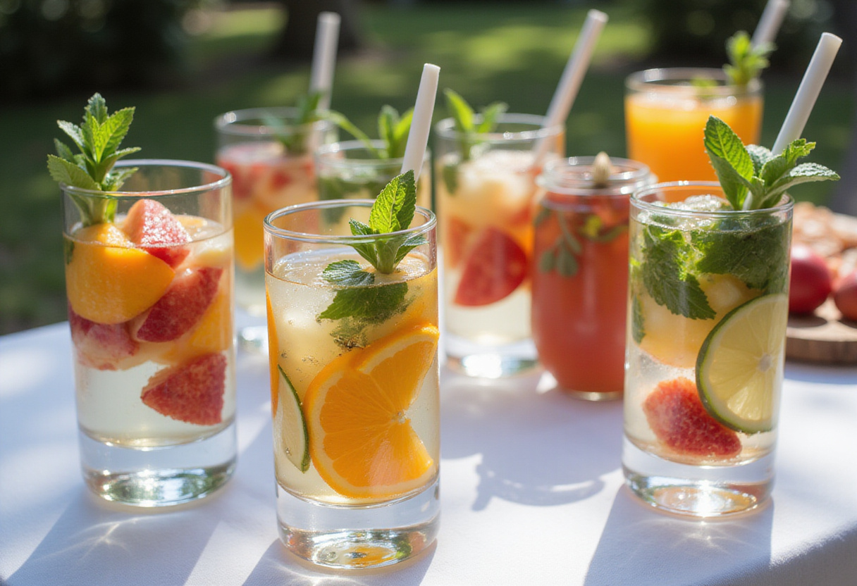 A stunning arrangement of Watertok Infused Waters served in elegant glasses, showcasing colorful fruits and herbs, perfect for hydration and refreshment.