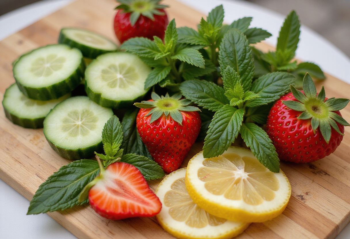 Colorful ingredients for Watertok Infused Waters, including fresh fruits and herbs like strawberries, mint, and lemon, being prepared on a wooden cutting board.