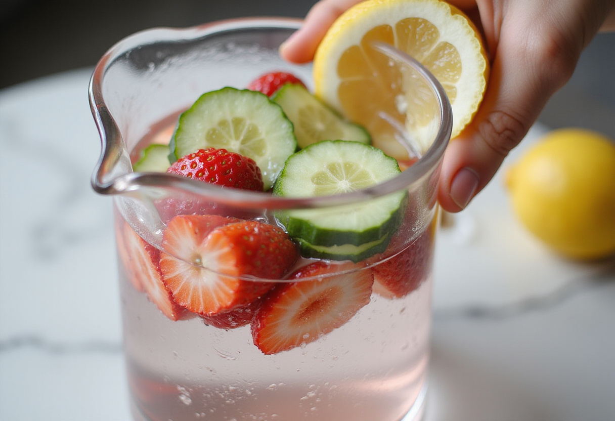 A refreshing pitcher of Watertok Infused Waters with fresh strawberries, cucumbers, and lemon slices being added for flavor infusions.