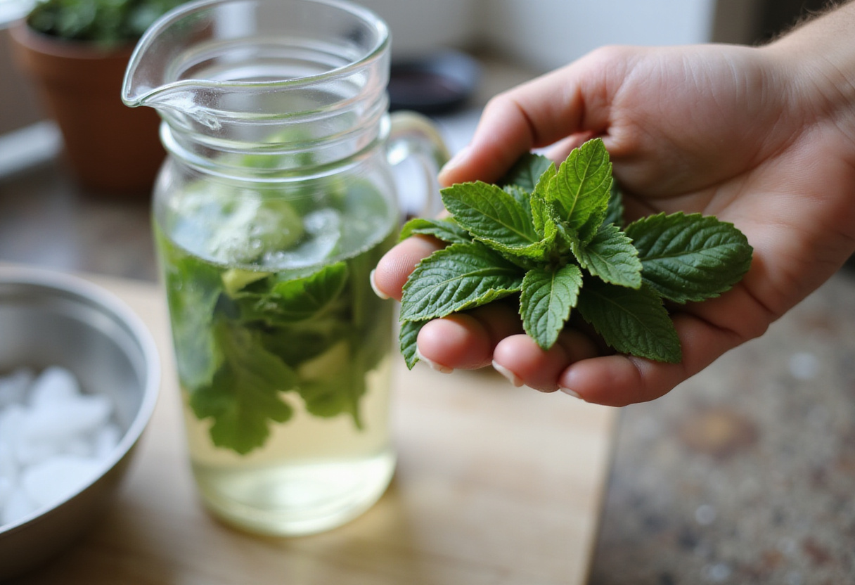 Adding fresh mint leaves to a pitcher of Watertok Infused Waters on a kitchen counter, enhancing the refreshing flavor of the infused drink.