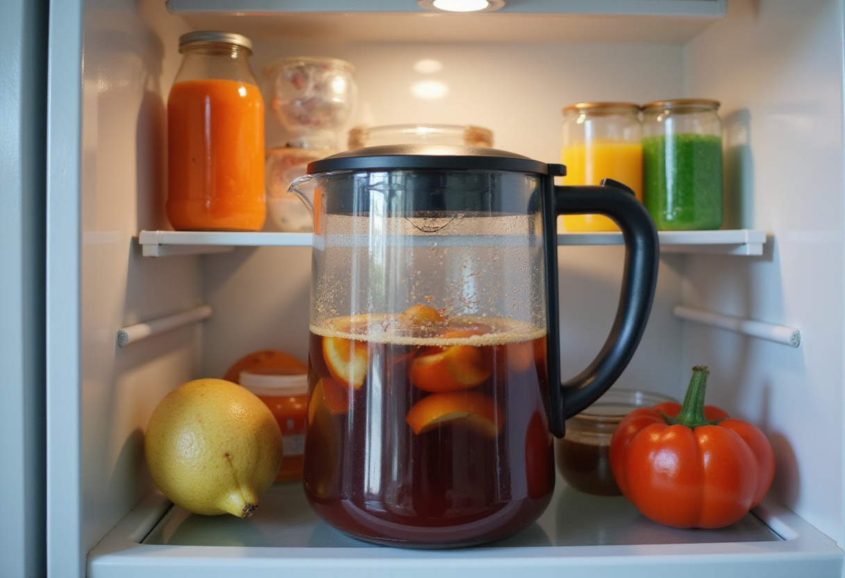 Storing the pitcher of Watertok Infused Waters in the refrigerator to allow flavors to meld, with vibrant ingredients visible inside the fridge.