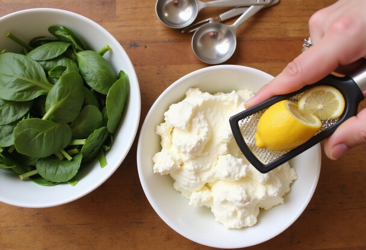 Fresh ricotta cheese, zested lemon, and vibrant spinach leaves for Zesty Lemon Ricotta and Spinach Pasta preparation.