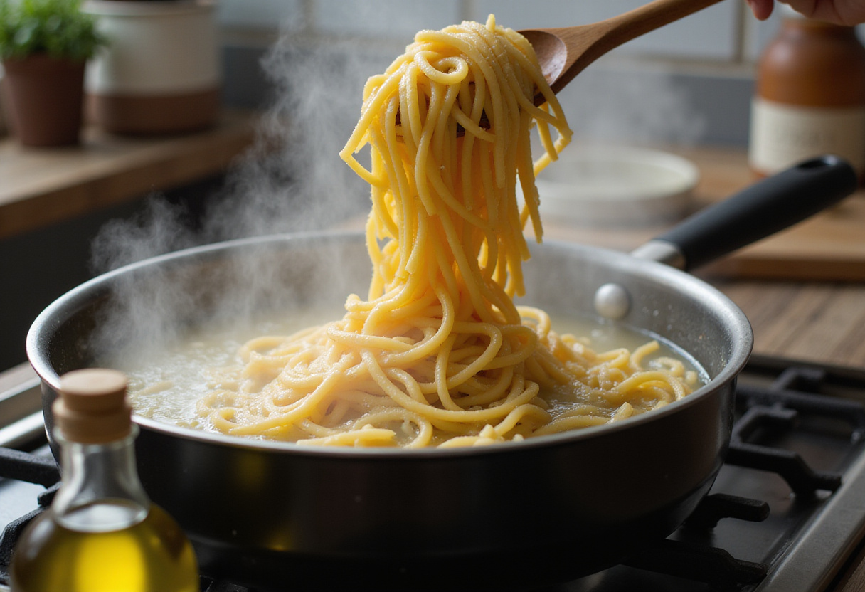 Boiling water and pasta noodles being prepared to create Zesty Lemon Ricotta and Spinach Pasta, showing cooking process.