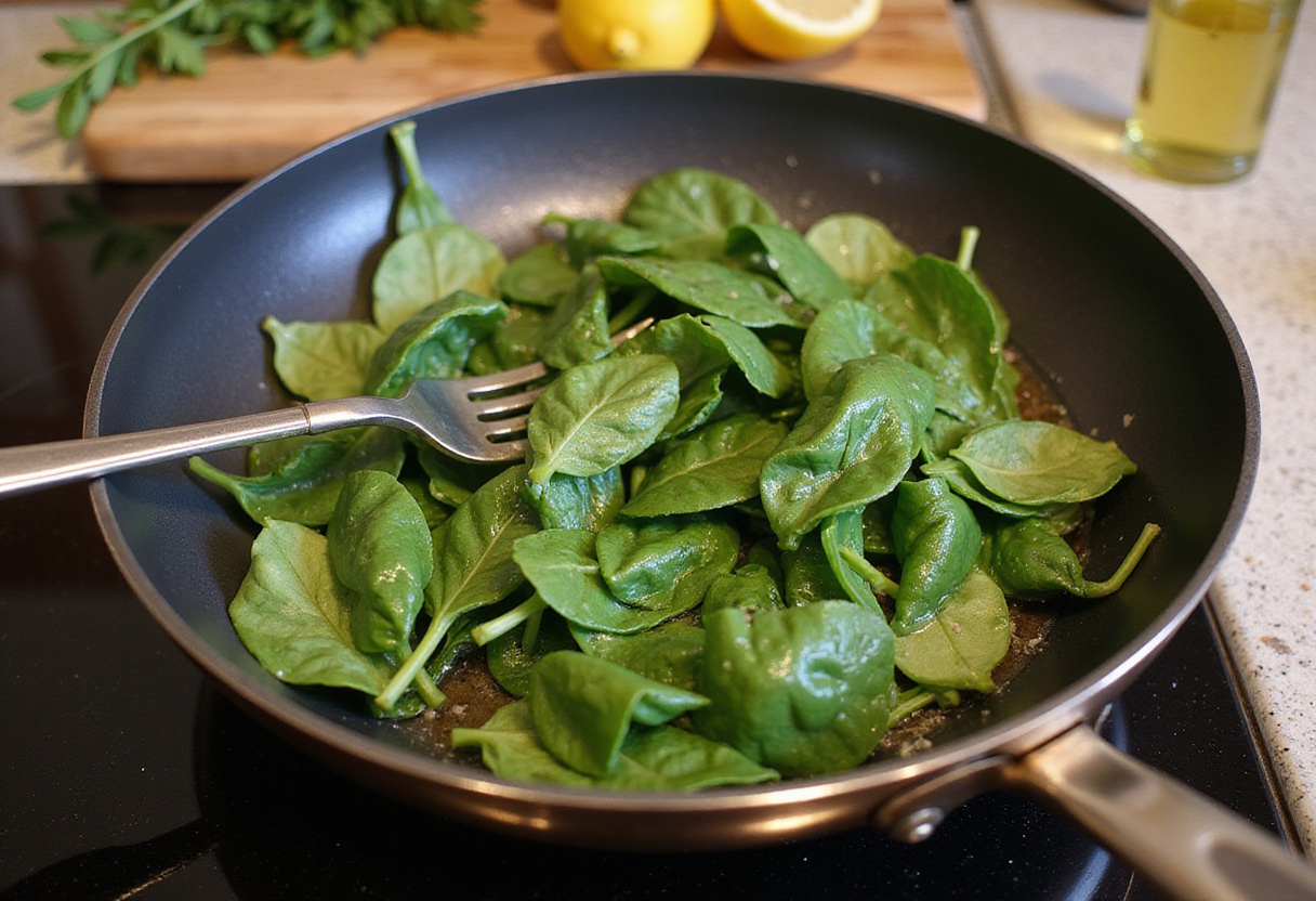 Sautรฉed spinach leaves wilting in a skillet, an essential step in making Zesty Lemon Ricotta and Spinach Pasta.