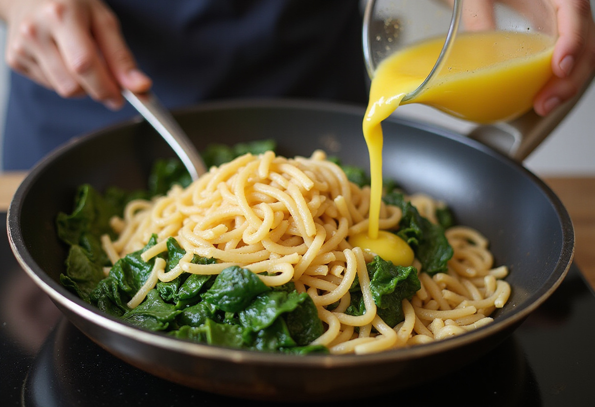 Mixing cooked pasta with sautรฉed spinach and lemon juice for Zesty Lemon Ricotta and Spinach Pasta.