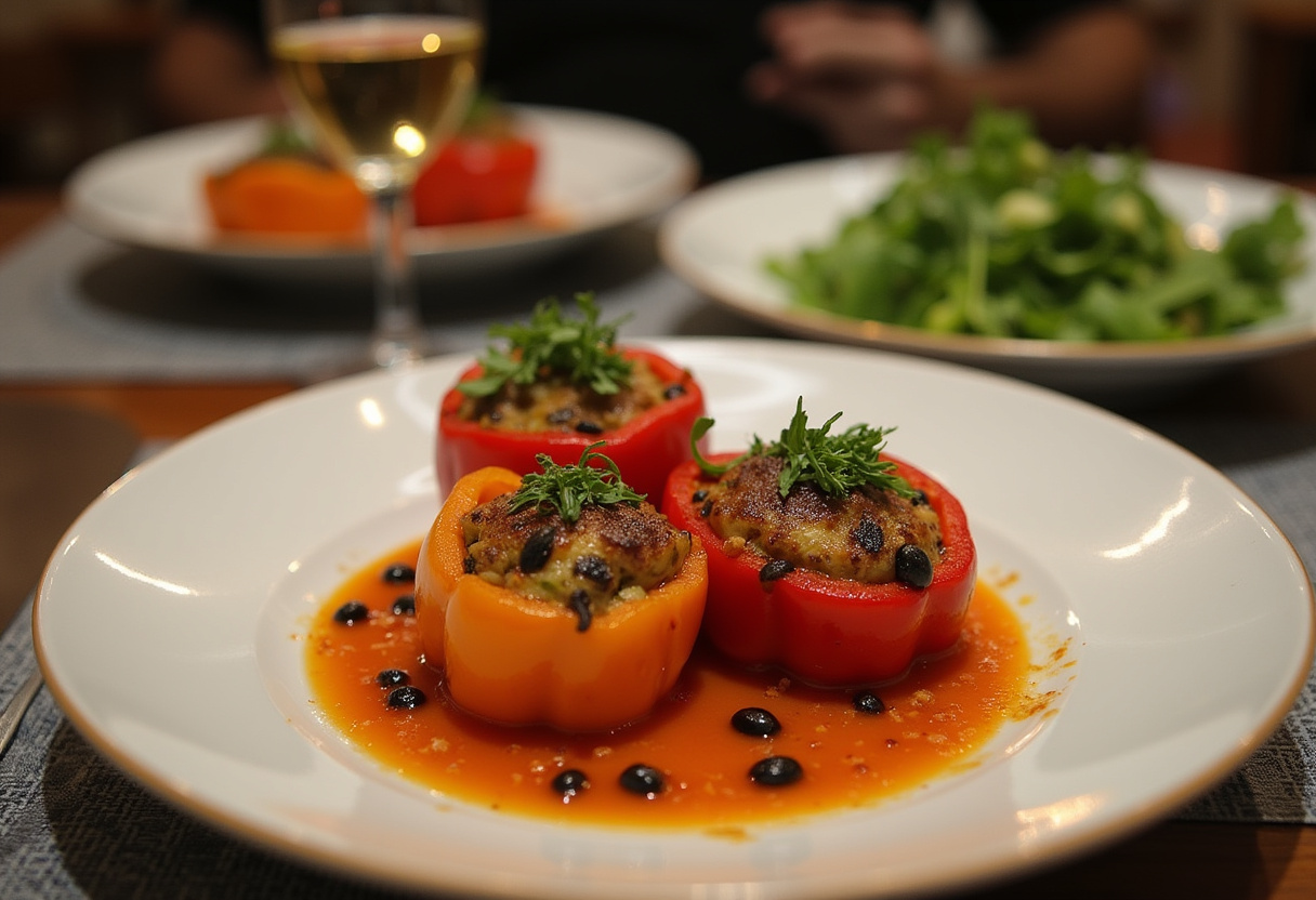 Final presentation of Zucchini-Black Bean Stuffed Peppers, a delicious and healthy meal with vibrant colors and garnished with fresh herbs.