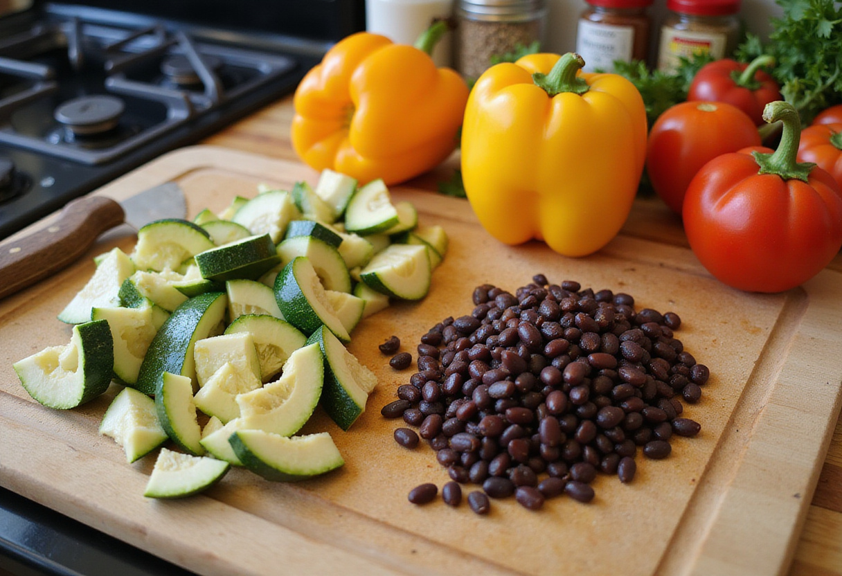 Chopping zucchini and black beans for Zucchini-Black Bean Stuffed Peppers, vibrant kitchen scene with fresh ingredients.