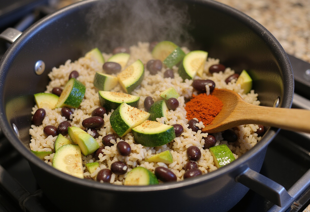 Cooking a delicious zucchini and black bean filling for Stuffed Peppers in a simmering pot, complete with fresh ingredients.