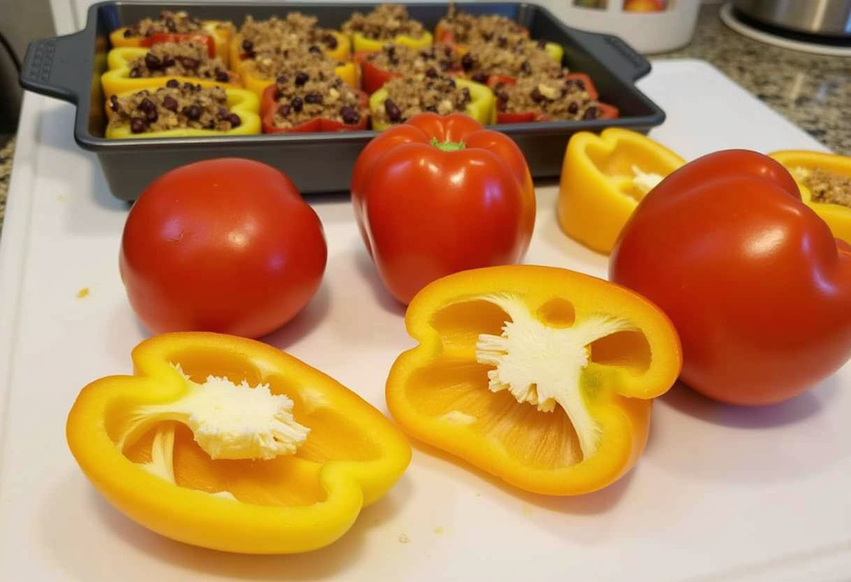Halving and preparing fresh bell peppers for Zucchini-Black Bean Stuffed Peppers, showcasing a bright and organized kitchen.