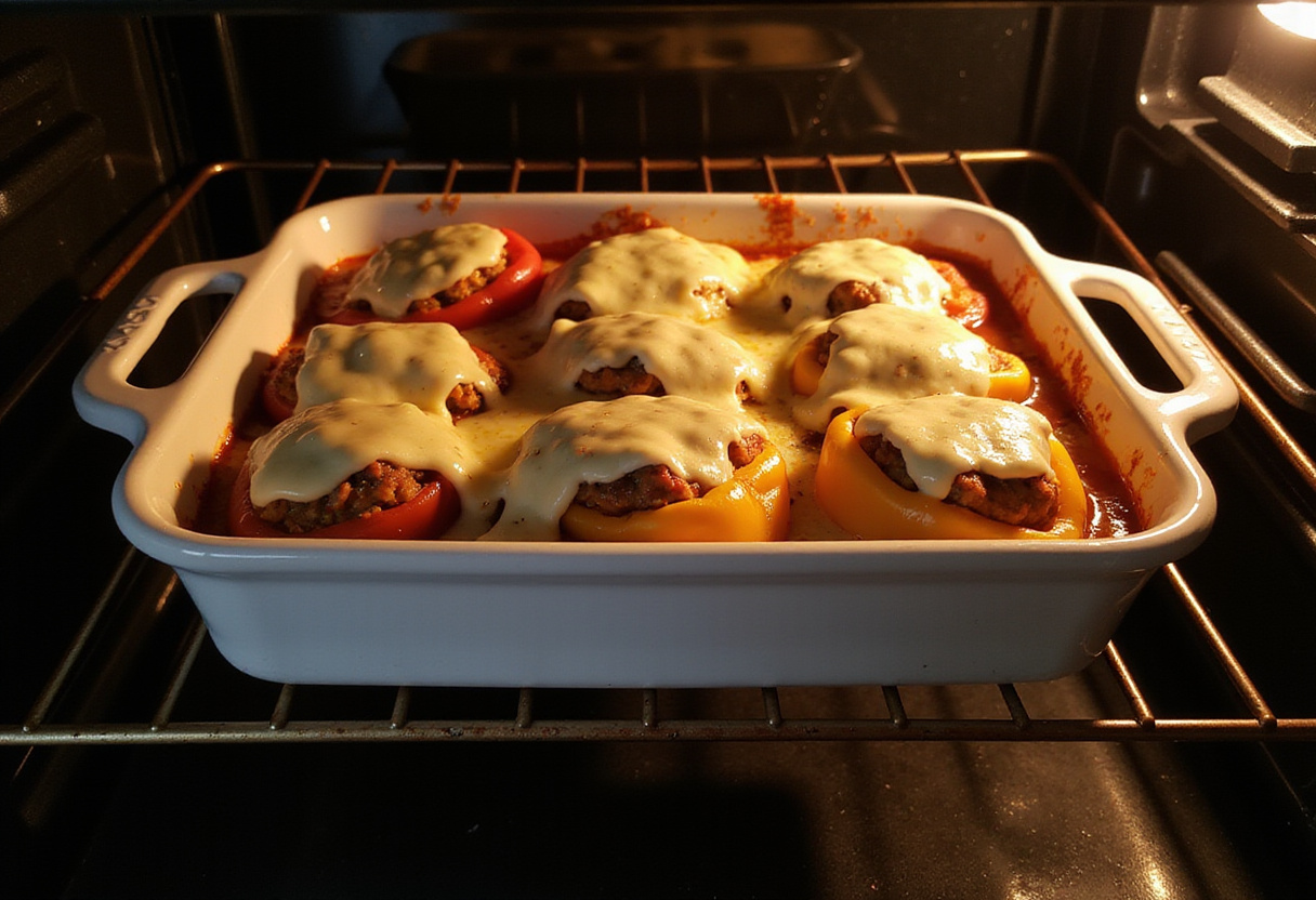 Baking Zucchini-Black Bean Stuffed Peppers in the oven, with gooey cheese melting on top for a delicious finish.