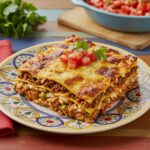 Final presentation of the best Taco lasagna, ready to serve with toppings.