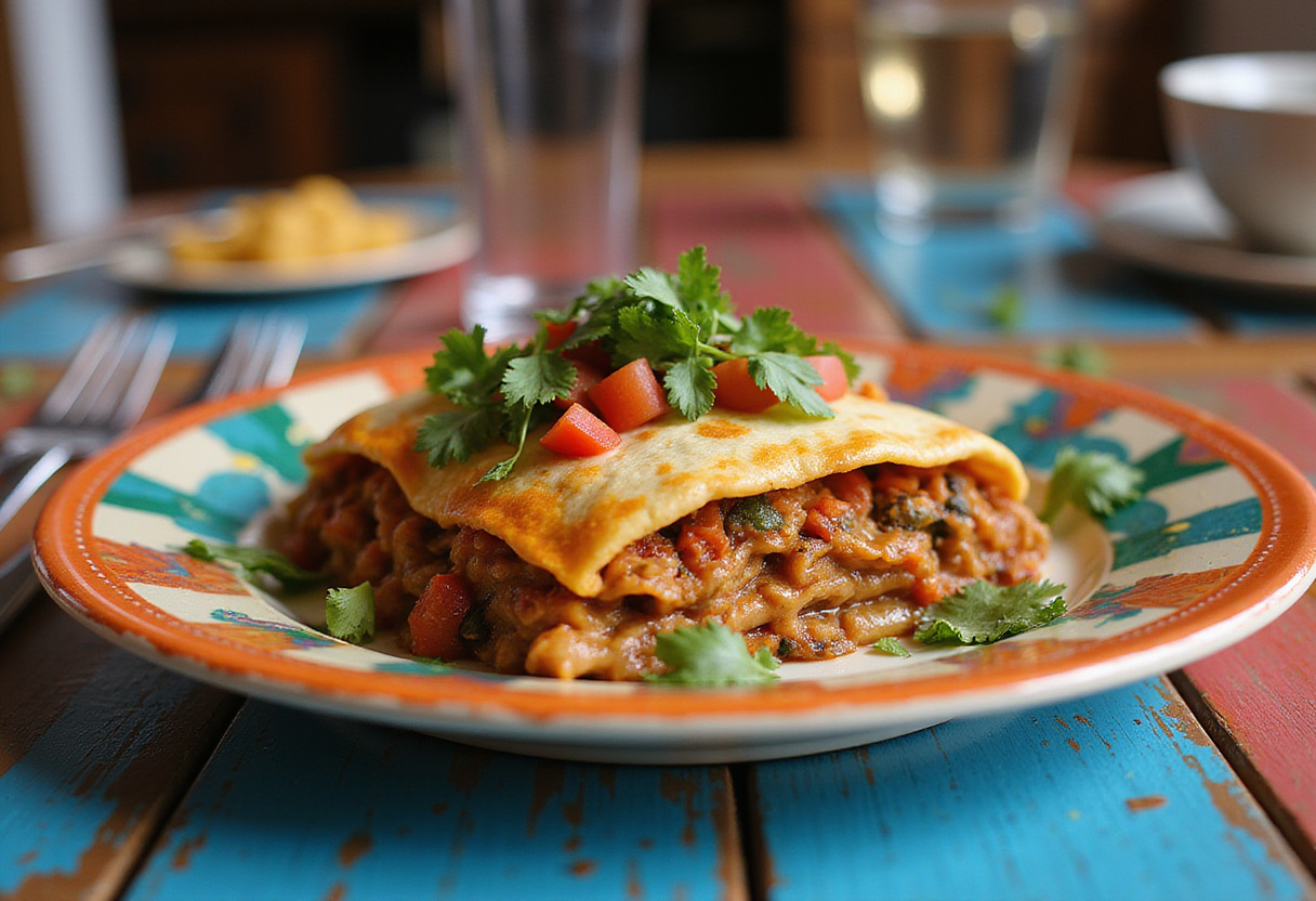 Final presentation of the best Taco lasagna, ready to serve with toppings.