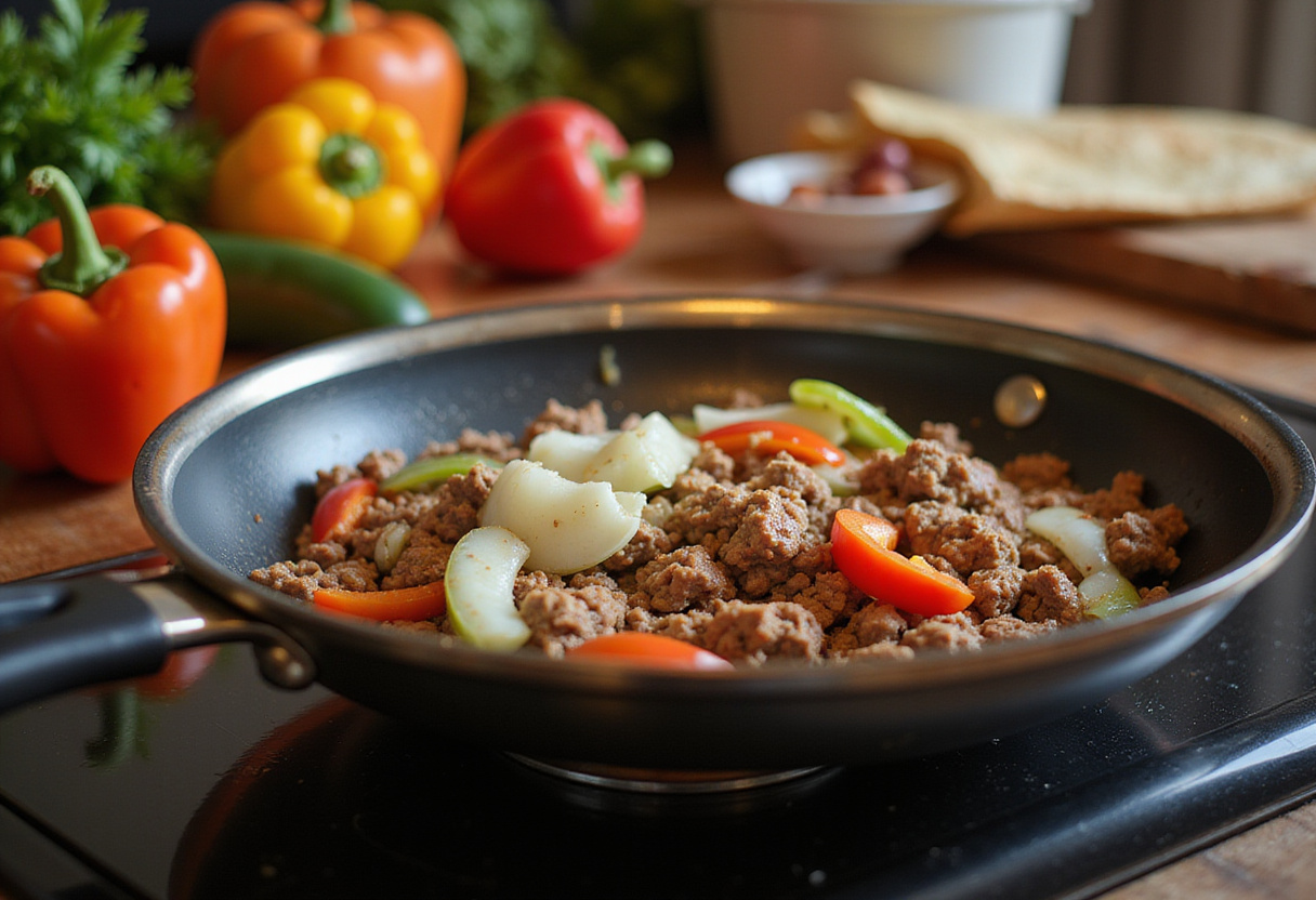 Sizzling ground beef and vegetables in a skillet for the best Taco lasagna recipe.