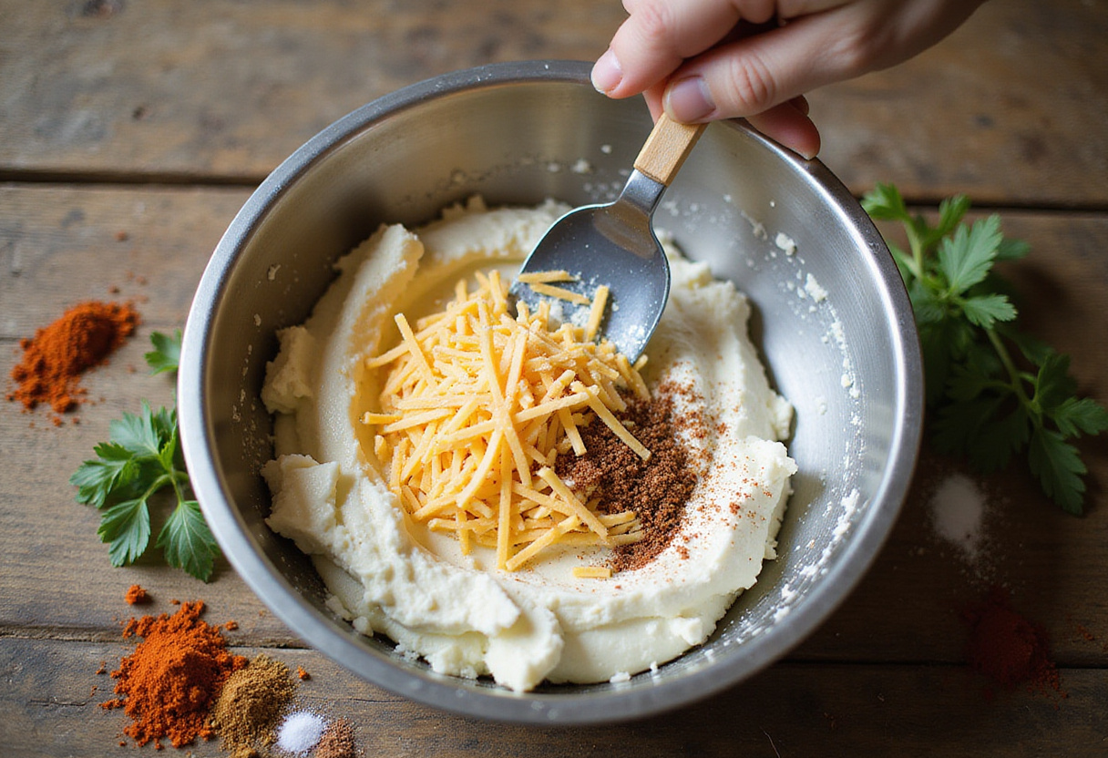 Mixing ricotta and cheese for a delicious Taco lasagna filling.