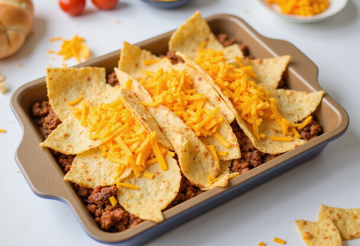 Layering tortillas and beef for the ultimate Taco lasagna dish.