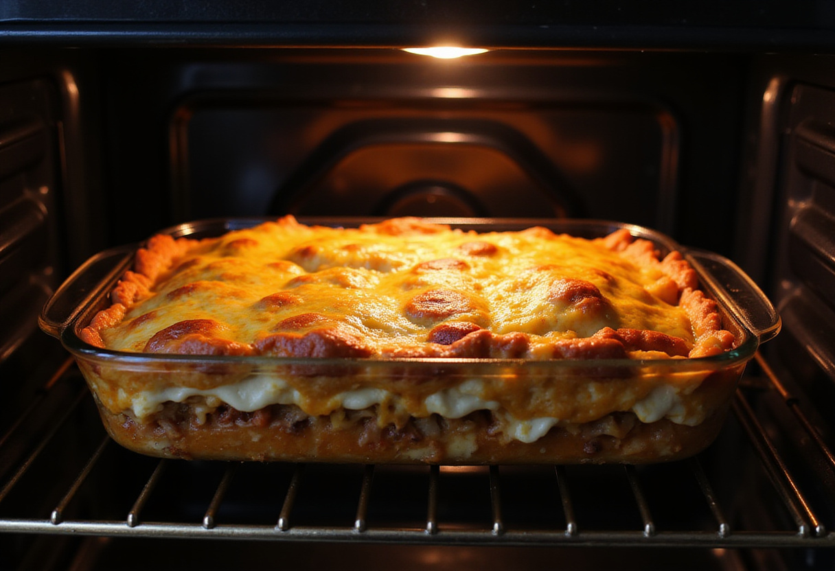 Baking Taco lasagna in the oven, a perfect comfort food preparation.