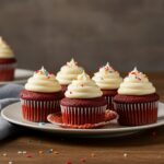 A stunning display of Red Velvet Marble Cupcakes with cream cheese frosting and sprinkles, beautifully arranged on a wooden table.