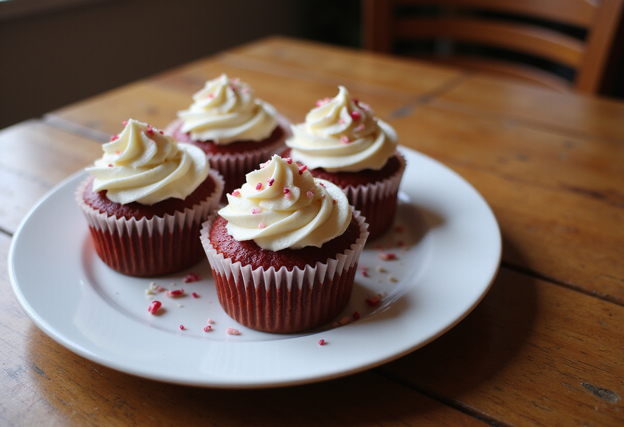 A stunning display of Red Velvet Marble Cupcakes with cream cheese frosting and sprinkles, beautifully arranged on a wooden table.