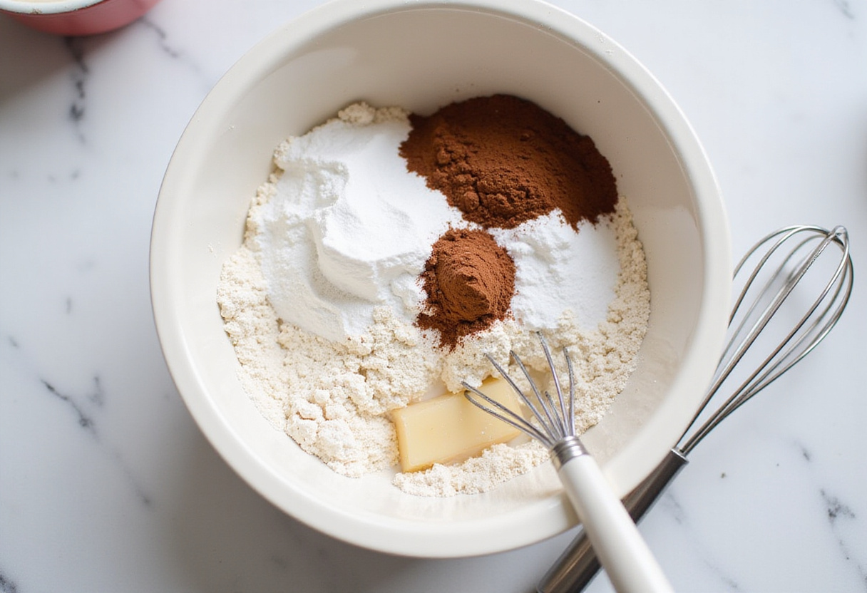 Ingredients for Red Velvet Marble Cupcakes including flour, sugar, cocoa powder, and baking powder neatly displayed in a bright kitchen setting.