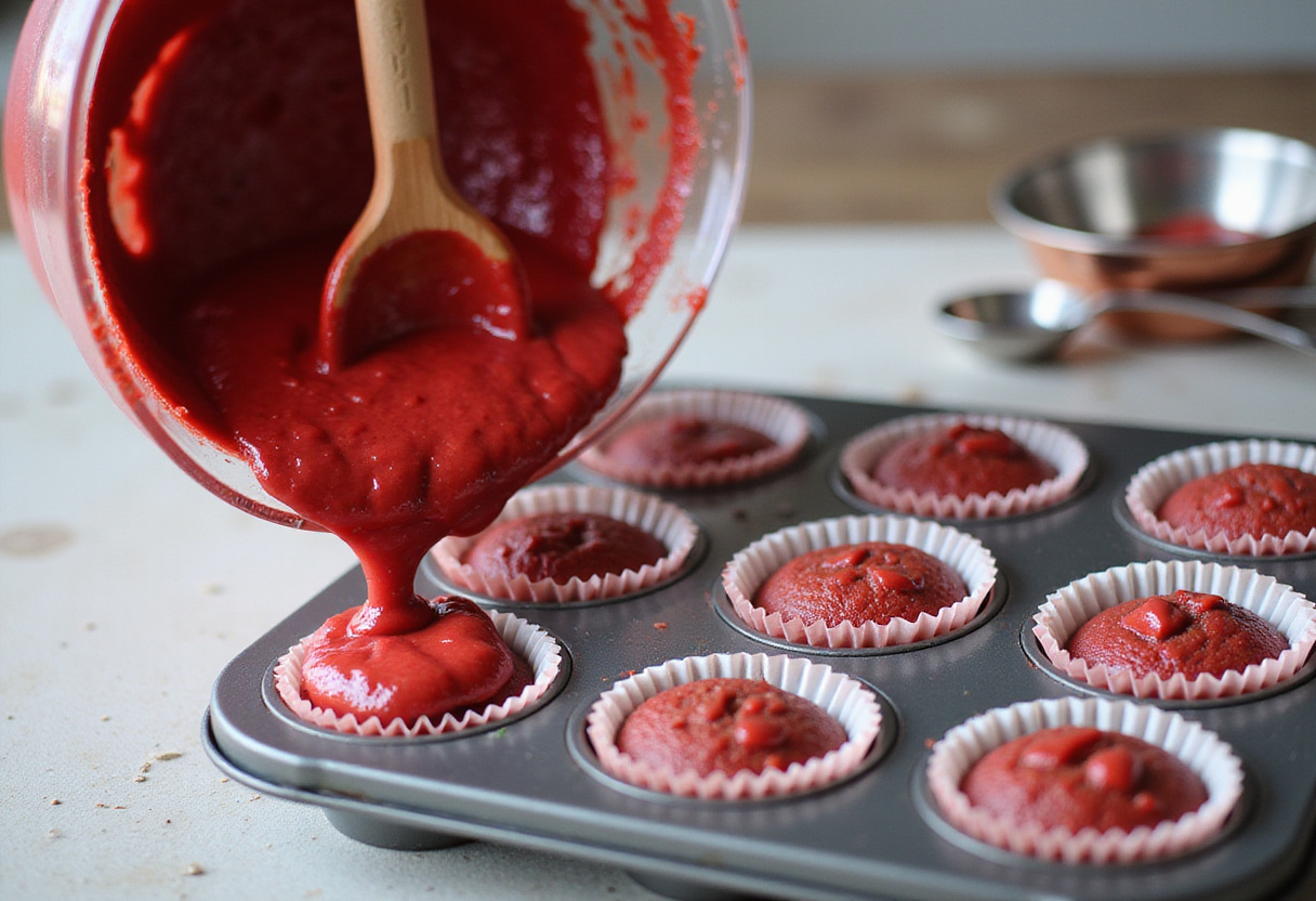 Pouring vibrant red batter into a cupcake tray for Red Velvet Marble Cupcakes, with measuring cups and baking tools visible in the kitchen.