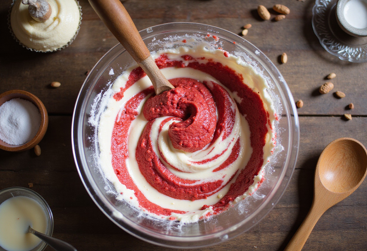 Swirling red and white batter to create a marbled effect for Red Velvet Marble Cupcakes, surrounded by baking tools in a cozy kitchen.